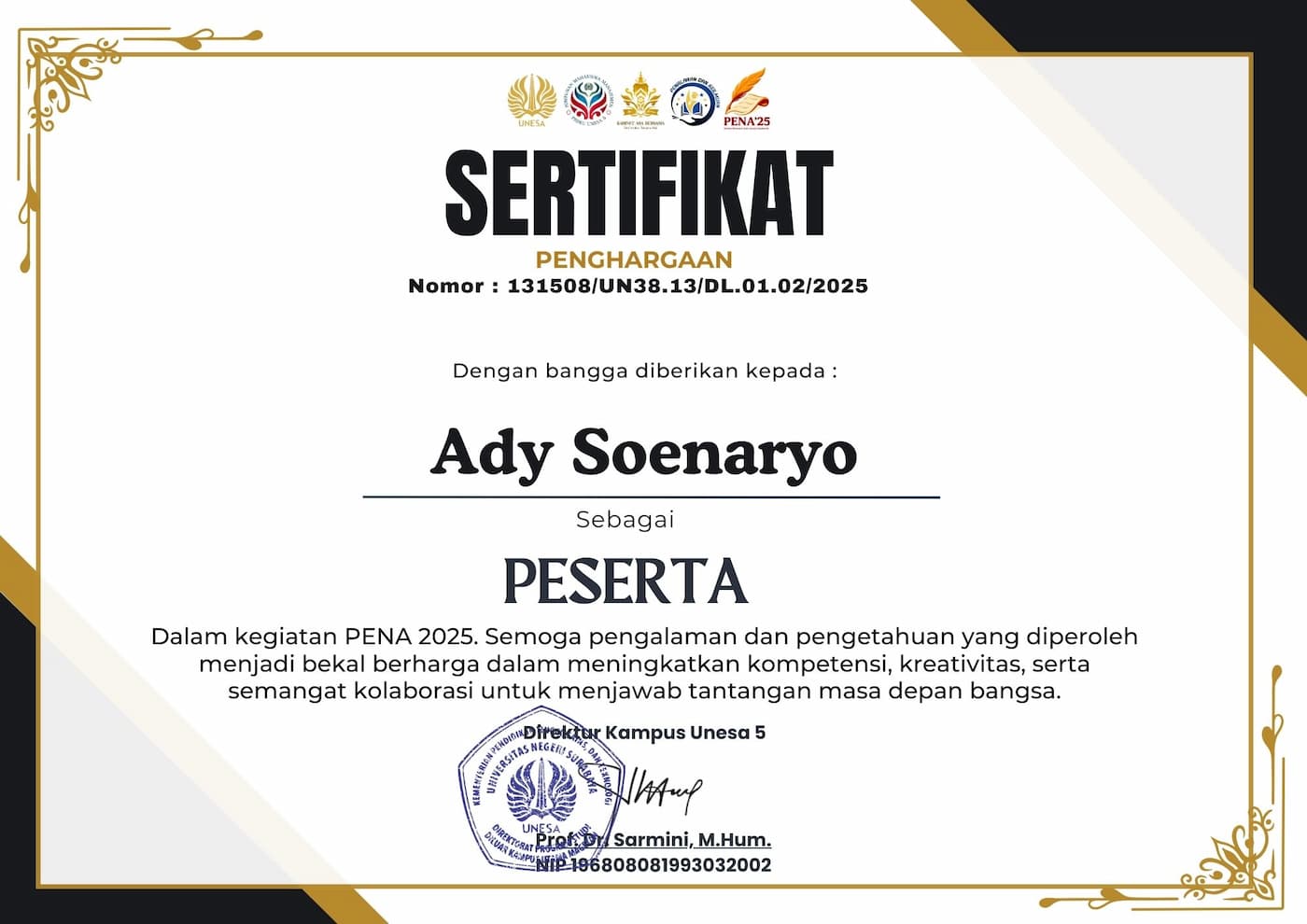 Certificate - Essay Writing Competition by Pena UNESA